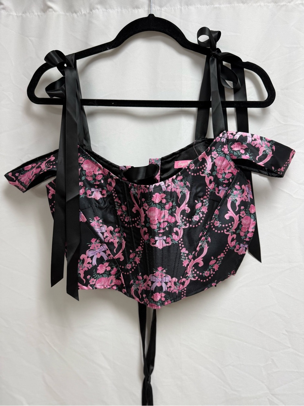 Sugar Thrillz Black and Pink Floral Satin Corset